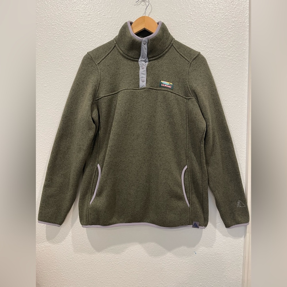 LL Bean 1/4 Snap Front Green Fleece Pullover Sweater Women’s Sz Medium Outdoor